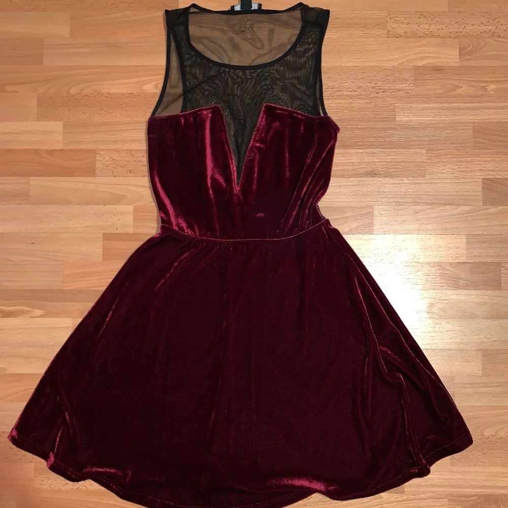 F21 Red Velvet Dress with Black Mesh Top